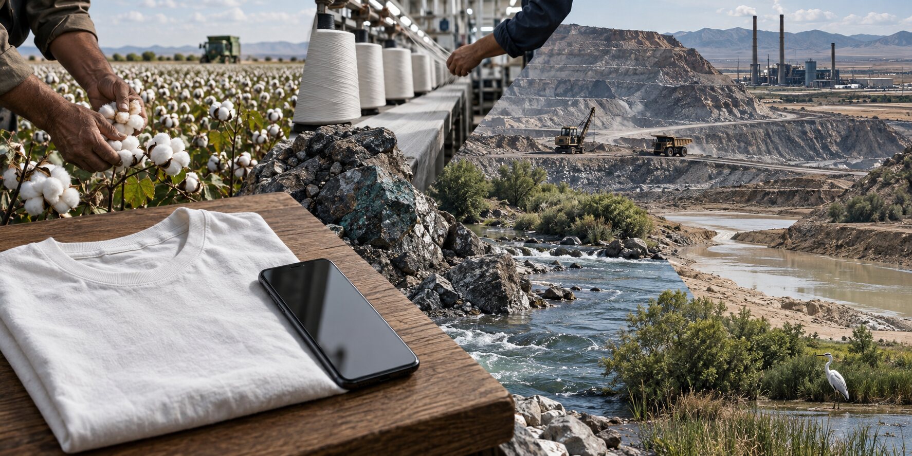 A cotton shirt and smartphone traced back through farming, manufacturing, mining, water and habitat