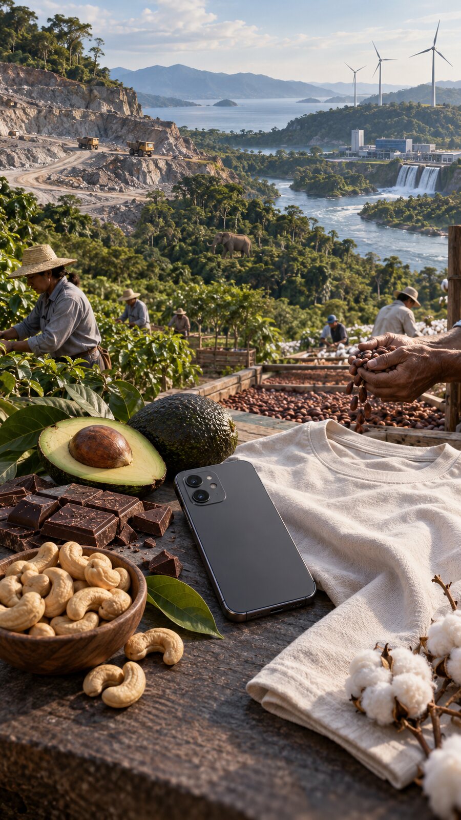 Everyday products shown alongside the land, water, labour, habitats, materials and energy behind them